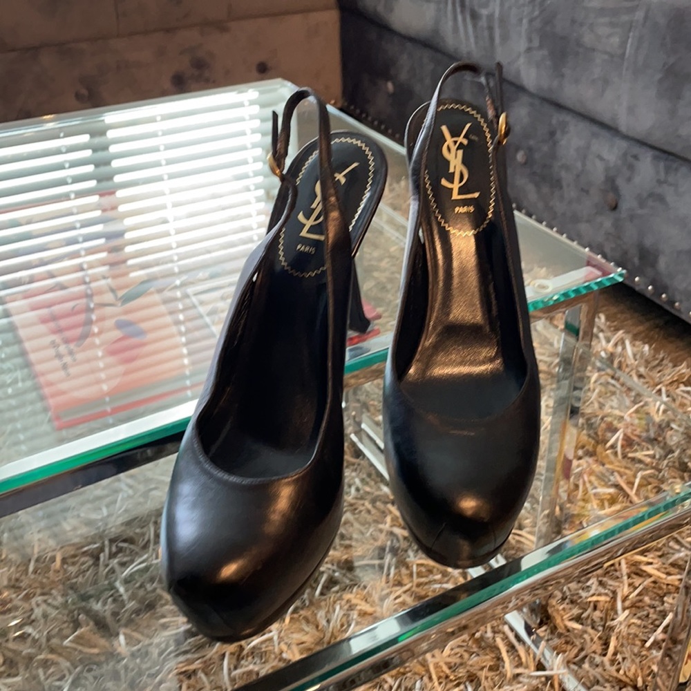 Rare YSL- Black leather Yves saint laurent Size 40 tribute sling back EUC!!